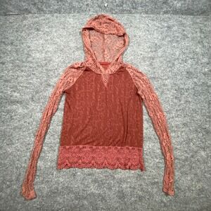 BKE Red Women Small Terracotta‎ Floral Sheer Lace Long Sleeve Hooded Top Boho